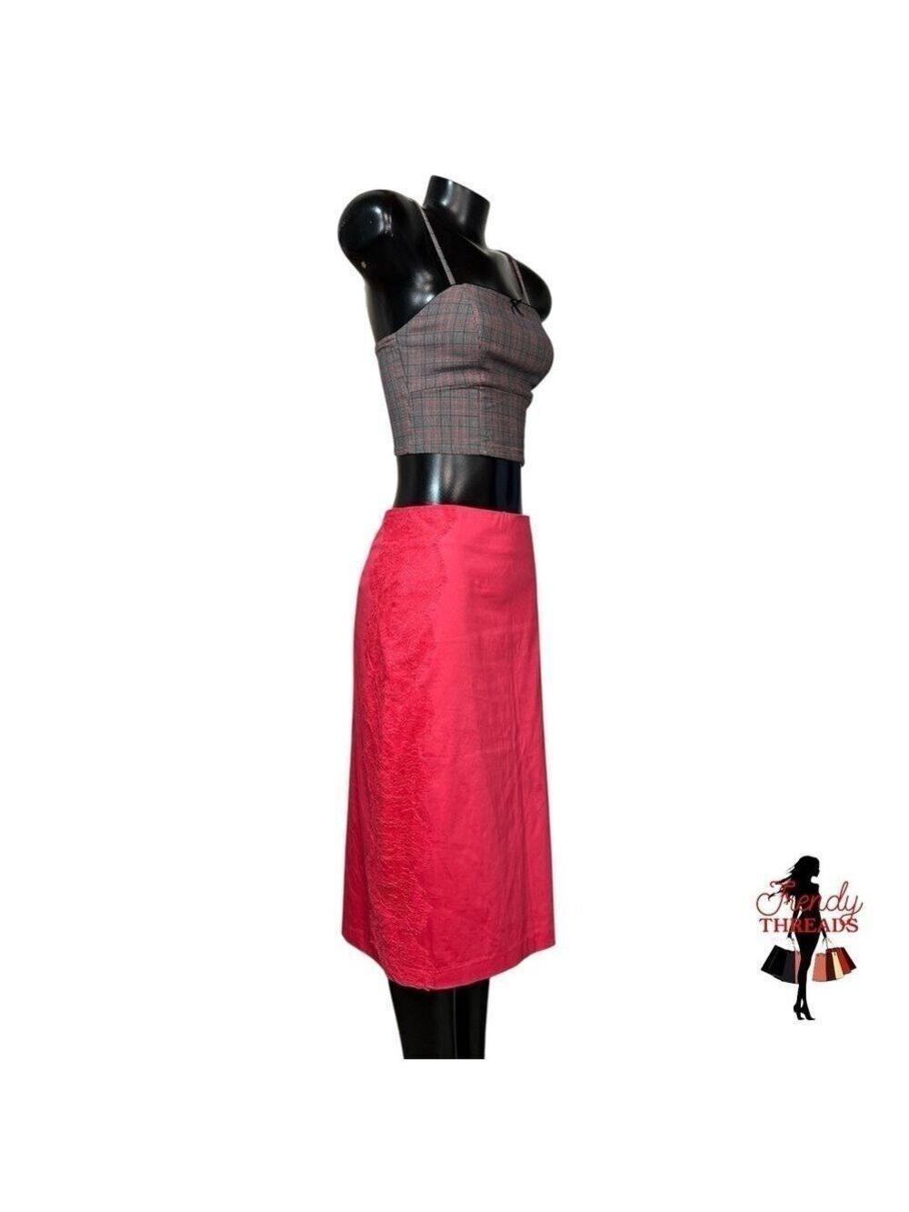 New York & Co Stretch Coral Pencil Midi Skirt High-Rise Lace Accented Corpcore